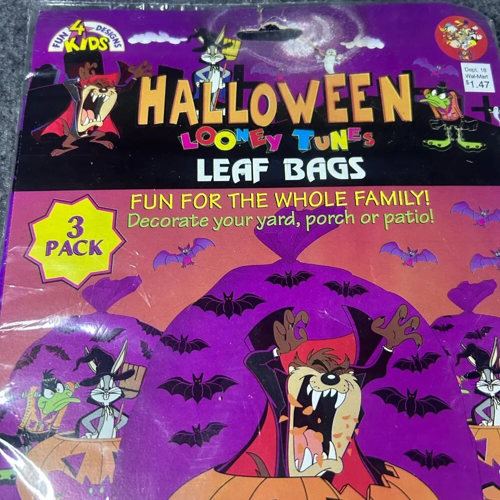Vintage 1996 Looney Tunes Halloween Leaf Bag Tazmanian Devil Taz Bugs New Sealed